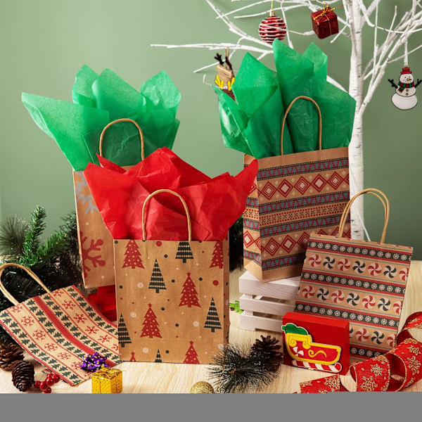 #10 Julegaveposer i Kraftpapir med Assorterede Juleprint til Kraft#