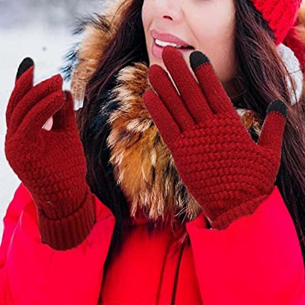 Par Dame Vinter Touchscreen Hansker Varme Strikkede Termohansker Egnet for Løping Kjøring Sykling Arbeid Vandring Ski (Rød, 21*12cm)