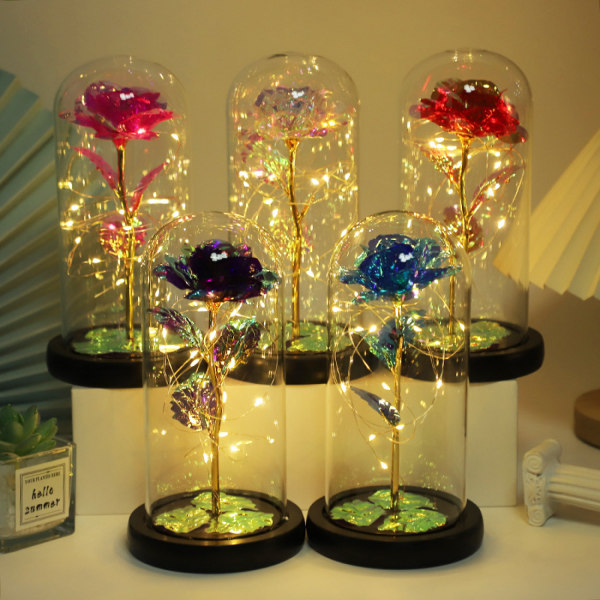 #Kunstig roseblomst i glasskuppel Evig Rose med LED-lys#