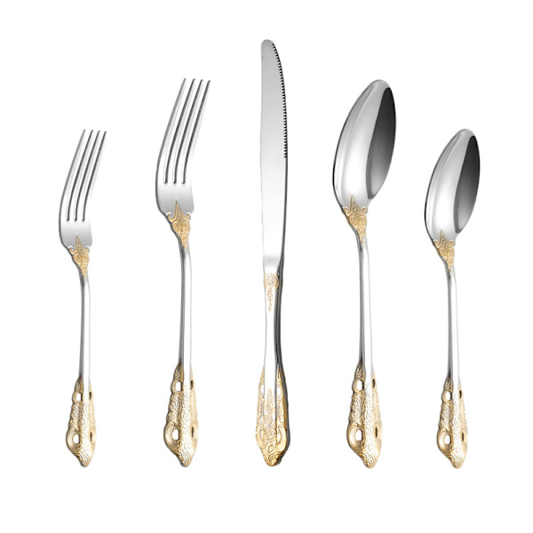 #5 dele rustfrit stål porcelæn guld bestik sæt#