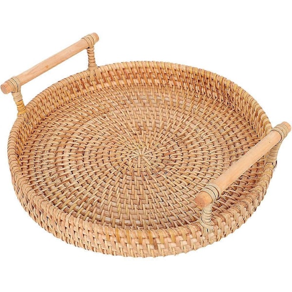 Rund Bricka i Flätad Korg, Serveringsbricka, Bricka för Frukt och Snacks, Bricka för Soffbord