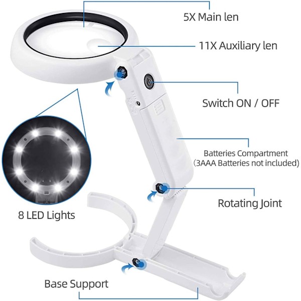 Hvid forstørrelsesglas med 8 LED-lys, 5X 11X