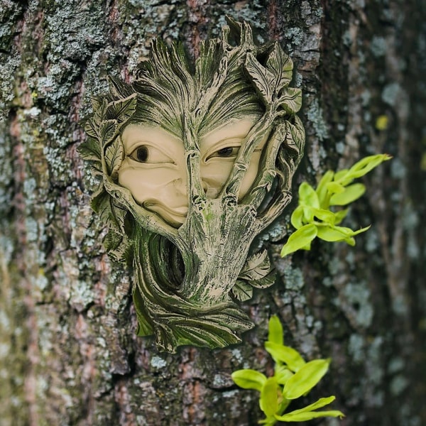 Blyg Trä Tomteträd Ansikte Väggskulptur Mystisk dekor, 21 cm,
