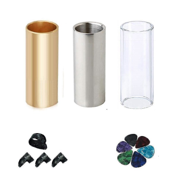 Gitarr Slide Set Med 1 Glas Slide, 1 Stål Slide och 1 Mässing Gitarr Slide, 6 st Gitarrplektrum och 4