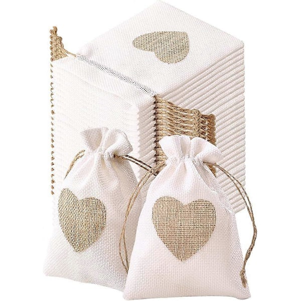 30 STK Jute Sække 10x14cm Hjerte Mønster Jute Poser Sæt af Små Poser med Snøre til Opbevaring af Slik Smykker Gaveæske Dragee til Dåb Bryllup