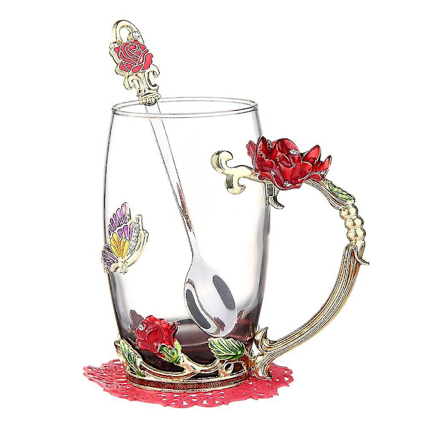 Rød Blå Rose Emalje Krystal Te Kaffe Krus Sommerfugl Rose Malet Blomst Vand Klar Glas Med Ske Sæt Perfekt Gave