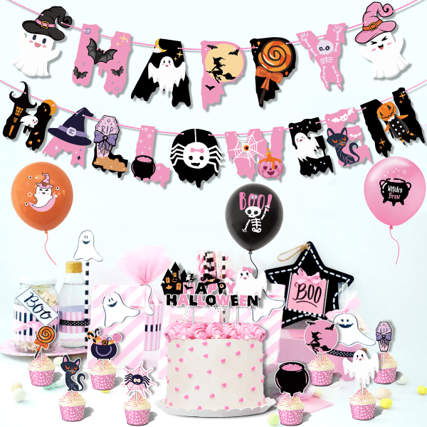 43-delars Halloween Rosa Banner Spöktema Baby Shower Party Dekoration