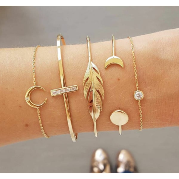 #Boho 5 st Öppna Guld-Avslutade Blad Måne Armband för Kvinnor Flickor#