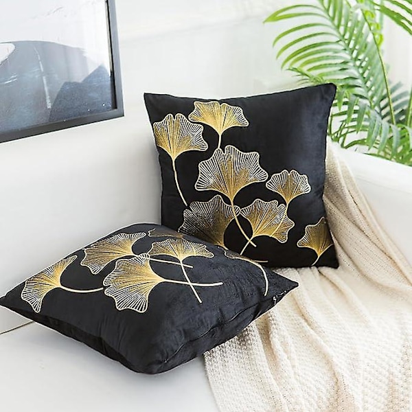 Kuddfodral 45x45cm Flanell Varmstämplad Svart Mjuk Fyrkantig Guld Ginkgoblad Tryckt Kuddfodral för Vardagsrum Sovrum Soffa, Set om 2