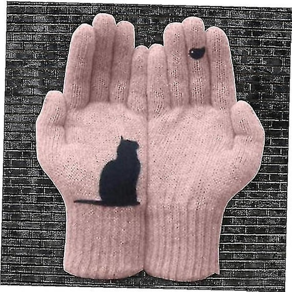 Fuld Finger Handsker Tegneserie Kat Print Vinter Varme Kolde Cashmere Handsker Tyk Uld Strikkede Dame Handsker