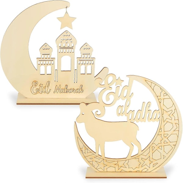 2 Set Trä Eid Mubarak Ornament Ramadan Hängande Plakett Ornament