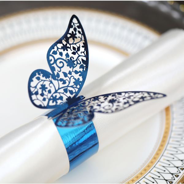 50 stk Blå 3D Butterfly Papir Serviettringer, Serviettring, Bryllup