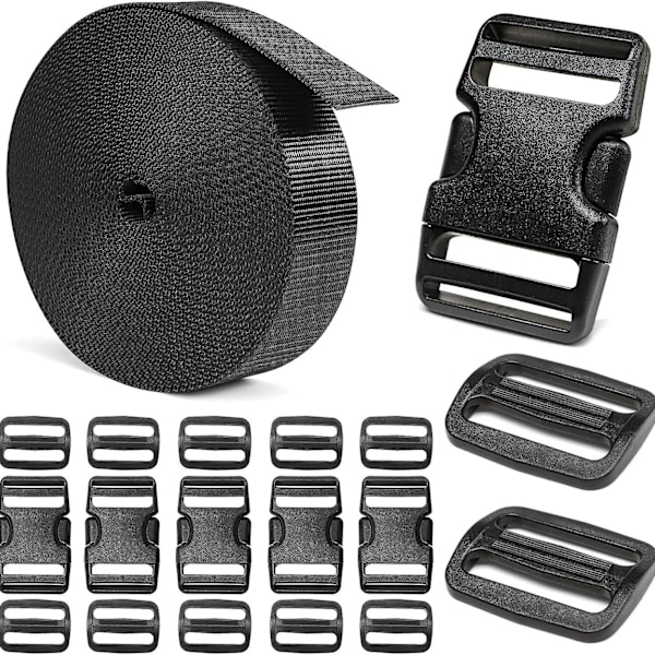 Kraftige spænder og remsæt 1\": 4 m tyk nylon webbing, 5-pak justerbare hurtig sideudløser plastikspænder, 10 tri-glide glideclips