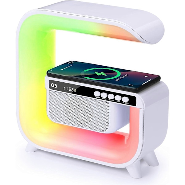 Pöytävalaisin langattomalla laturilla ja Bluetooth-kaiuttimella 4-in-1 Ladattava yöpöytävalaisin Bluetooth-kaiutin 15W Qi langattomalla lataustelineellä ja herätyskellolla