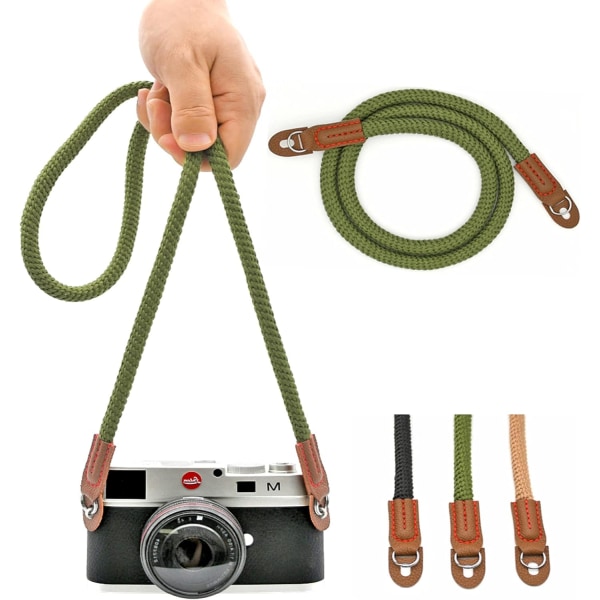 Kamerarem med rep (mörkgrön), handgjord kamerarem i bomull