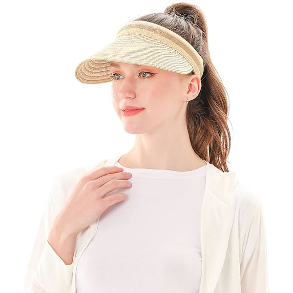 Sommarhatt för kvinnor Bredbrättad beige stråhatt för stranden