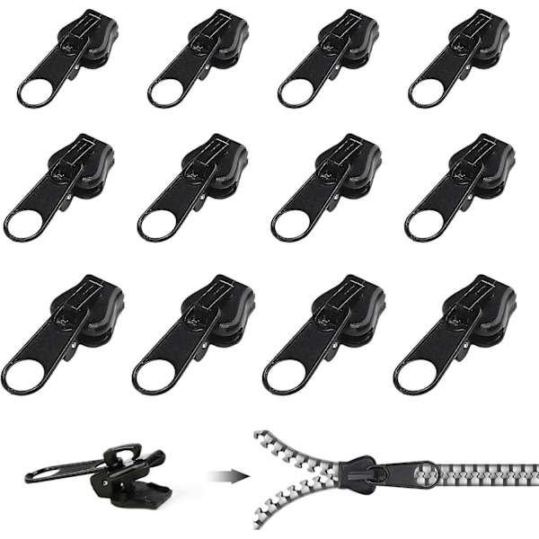 12 stk. Clip-on lynlås-sliders, Clip-on lynlås-sliders, Lynlås-sliders i flere størrelser, Øjeblikkelig erstatning til jakke, frakke, kuffert (sort)