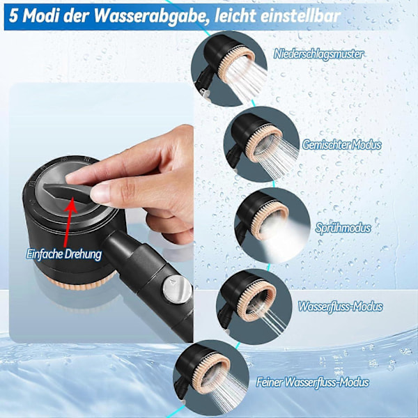 Massasjedusjhode med rensende massasjefunksjon, vannbesparende, med 1,5 m slange og 2 filtre, 5 strømningsmønstre (Metallic Grey)
