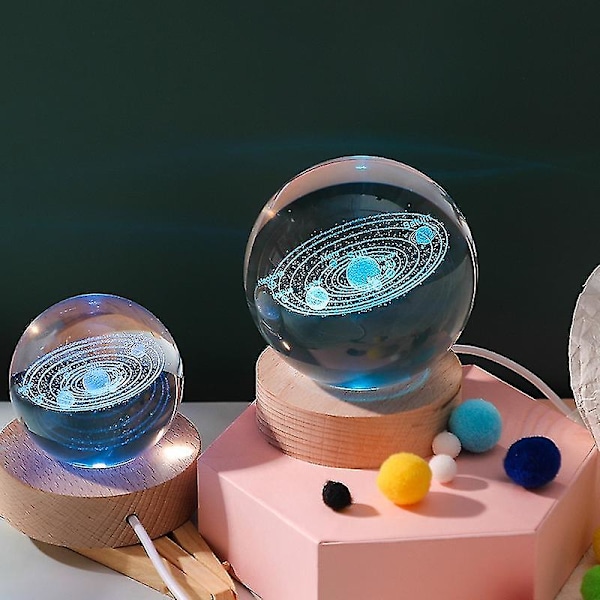 3D Kristallkula Kristallplanet Lasergraverad Solsystem Glob Astronomi Glas Sfär Heminredning Varm Ljusbas