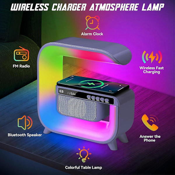Pöytävalaisin langattomalla laturilla ja Bluetooth-kaiuttimella 4-in-1 Ladattava yöpöytävalaisin Bluetooth-kaiutin 15W Qi langattomalla lataustelineellä ja herätyskellolla
