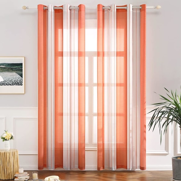 Sæt med 2 Øjebladsgardiner Voile Myggenet Polyester Stribet Pri