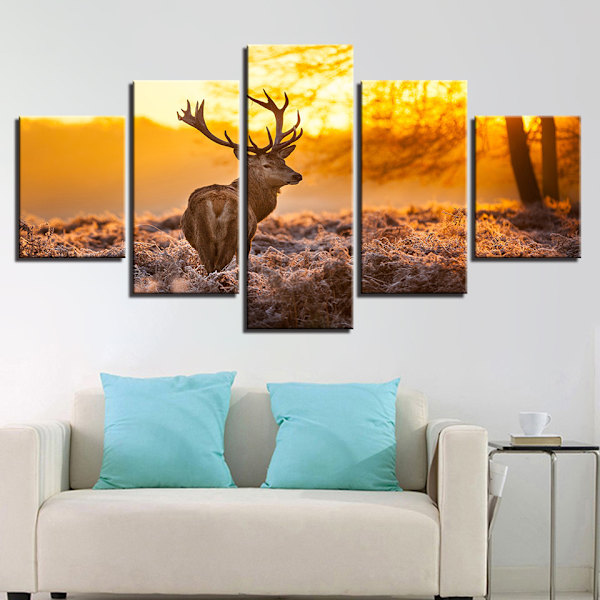 #5 Dele Vægkunstmaleri - Hjorte i Skoven Ved Skumring, Non-Woven #