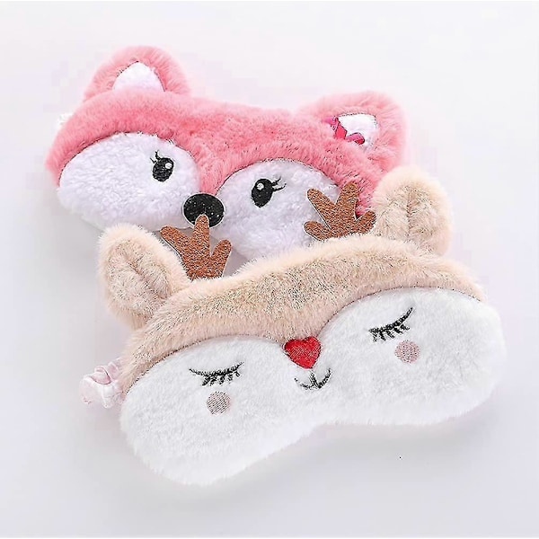 2-pack Söta Djur Sovmask för Flickor Söt Tecknad Räv Älg Mjuk Plysch Ögonbindel Sovmasker Ögonskydd för Kvinnor Flickor Resor Tupplur Nattsömn