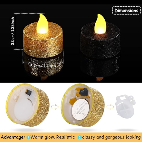 #24 Styk Guld Blinkende LED Te Lys Sorte Flammeløse Te Lys#
