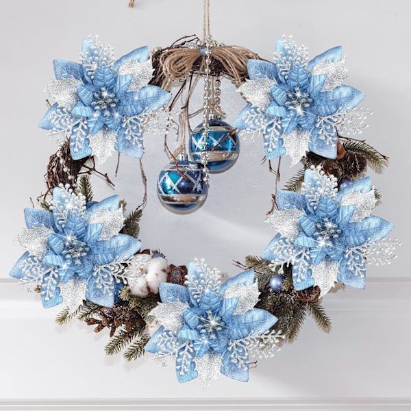 #(Lyseblå, 12 stykker) 5,7 tommer kunstige juleglitterblomster Juletreblomstdekorasjon#