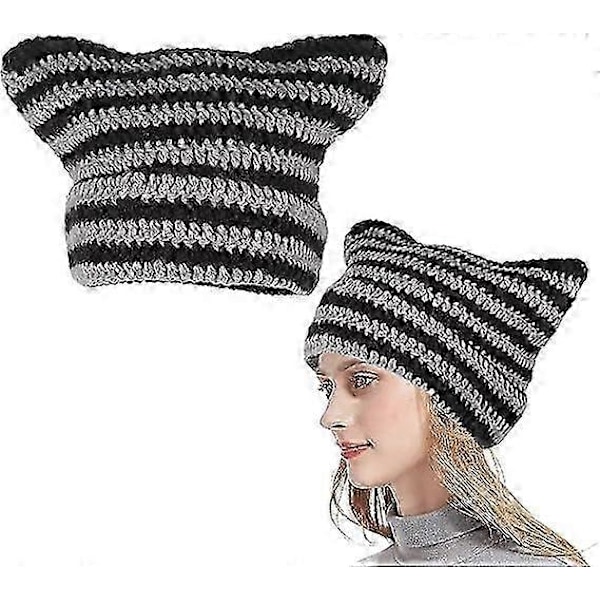 Stickad mössa för kvinnor, vintermössa med kattöron, varm elastisk mössa, mjuk slouchy randig stickad mössa (Svart Grå)