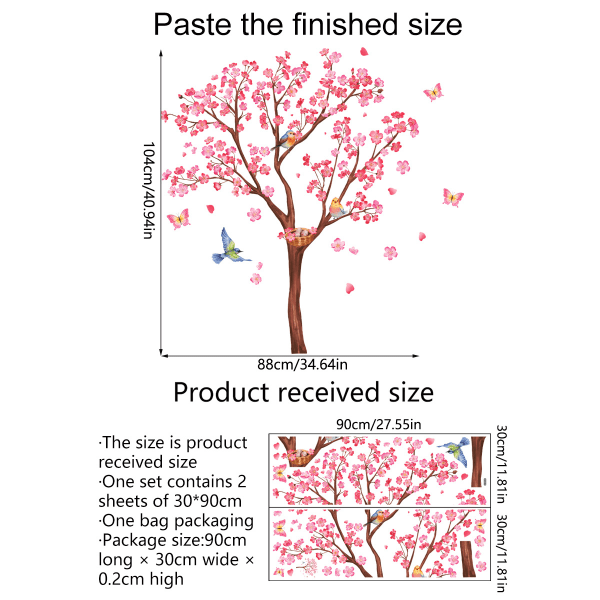 decalmile Pink Blossom(Träd H: 90cm) Trädväggsdekaler Fåglar på B