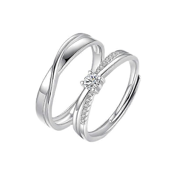 Bryllupsringsæt til par Sølvfarvet justerbar forlovelsesring til par Personlig poleret Mbius-strimmel, diamantflettet Mbius-strimmel parring