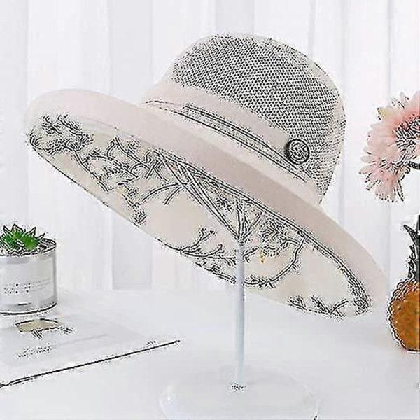 Solhattar i mesh för kvinnor - UPF UV-skydd - Hopfällbar - Bred brätte - Hakband beige