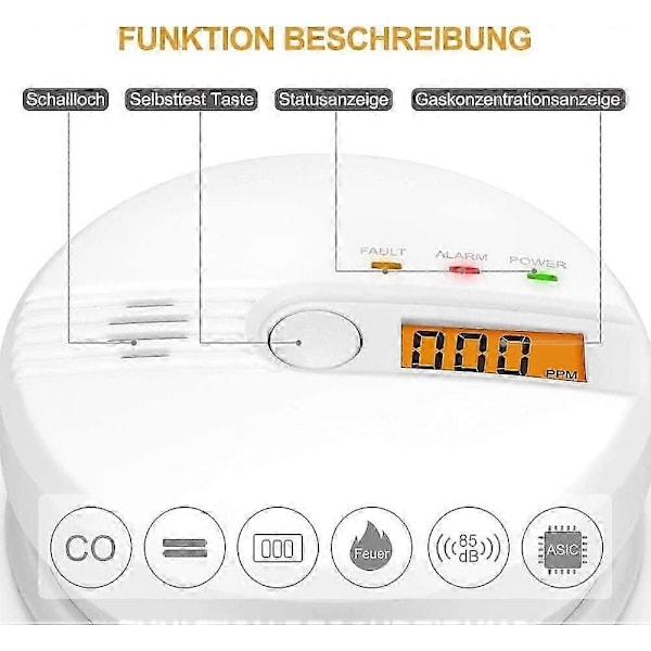 Kolmonoxidvarnare CO-larm med testknapp och digital display, 85dB alarm