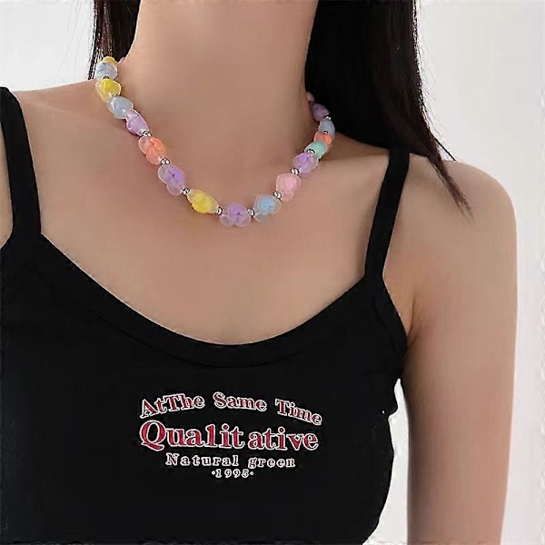 Farverig Hjerte Resin Halskæde Perle Choker Y2K Hjerte til Kvinder Tee