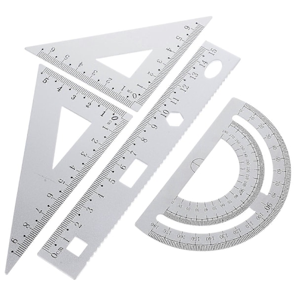 1 Set med 4 st DIY Metall Linjal Robust Kontors Metall Linjal Linjal Skrivset Triangelplatta Gradmätare Testlinjal för Elever Studenter Silver