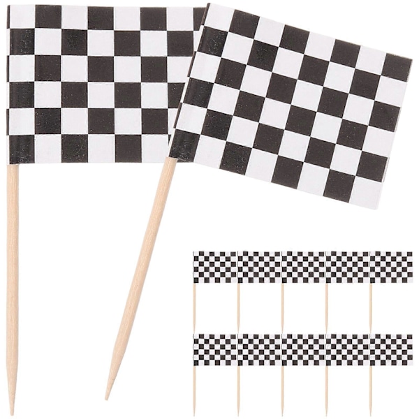 Förpackning med 100 Rutiga Tandpetare med Racingflagga, Aptitretare, Fruktpinnar för Cocktailparty - Svart och Vit