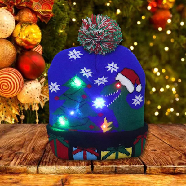 LED-julhatt med ljus, julhattar, dinosaurie, ful hatt, unisex, stickad mössa för fest
