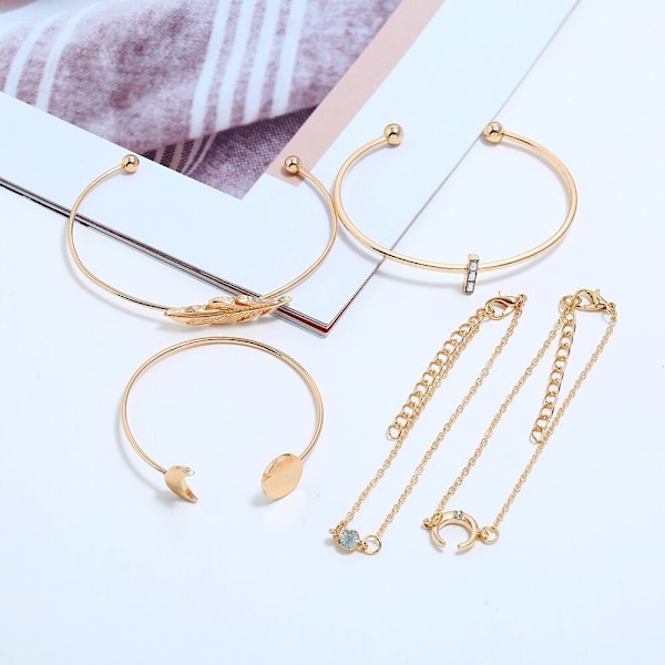 #Boho 5 st Öppna Guld-Avslutade Blad Måne Armband för Kvinnor Flickor#