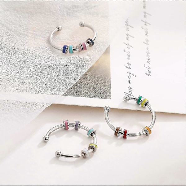 3 st Snurrande Emalj Fidget Ring, Ångestlindrande Ring i Rostfritt Stål, Ångestring med Flerfärgad Rullkula