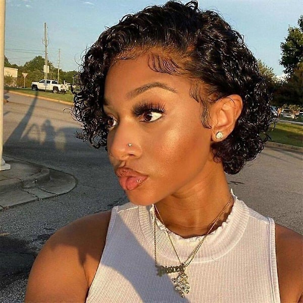 Korta lockiga peruker för svarta kvinnor, ingen spets, pixie cut peruk, korta peruker av äkta hår för svarta kvinnor, pixie cut peruker av äkta hår