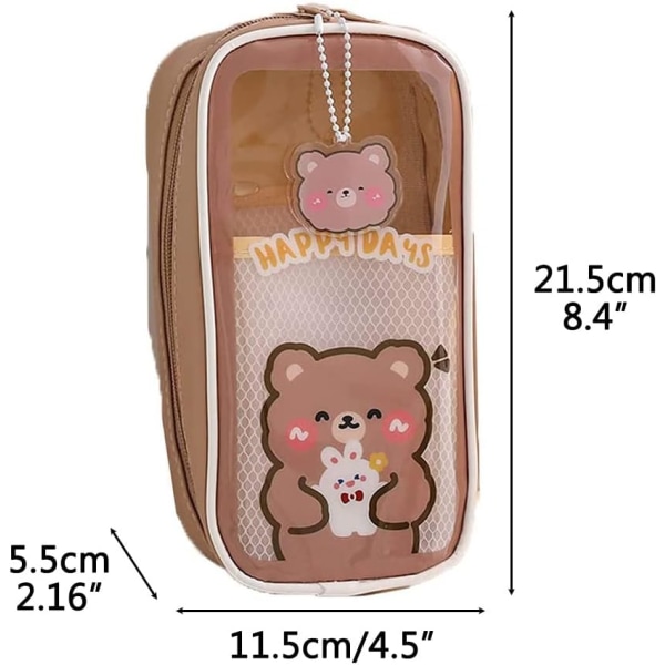 Brun Bjørn Kawaii Blyantveske med Stor Kapasitet, Transparent Skole
