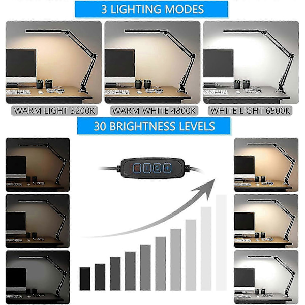 Kraftig LED-skrivebordslampe med klemme - Øyevennlig LED-lys - 3 lysmoduser x 10 lysstyrkenivåer - Svart