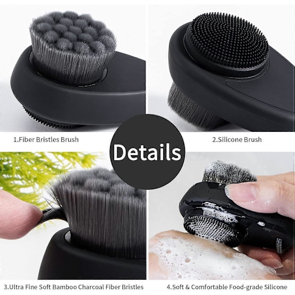 Ansiktsrensebørste 2 i 1 for ansiktseksfoliering, myk bambuskull-mikrofiberbust, dobbel ansikts silikonskrubberbørste med lokk, svart