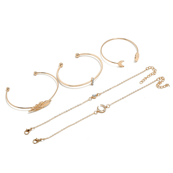 #Boho 5 st Öppna Guld-Avslutade Blad Måne Armband för Kvinnor Flickor#