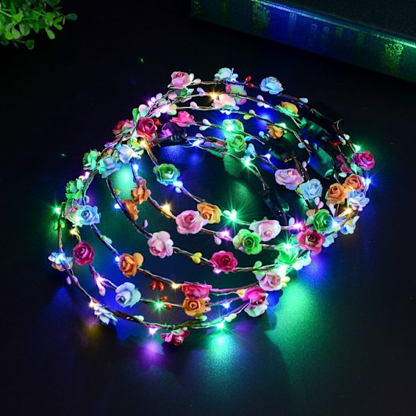 Blomsterhodeband, 6 stykker LED blomsterkrans hodebånd lyser opp H