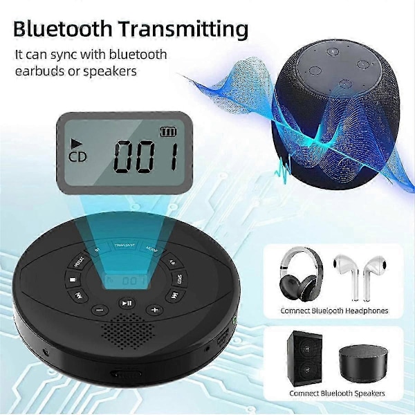 Portabel CD-spelare Walkman Bluetooth CD Walkman Inbyggd Högtalare Uppladdningsbar CD-spelare med USB/AU