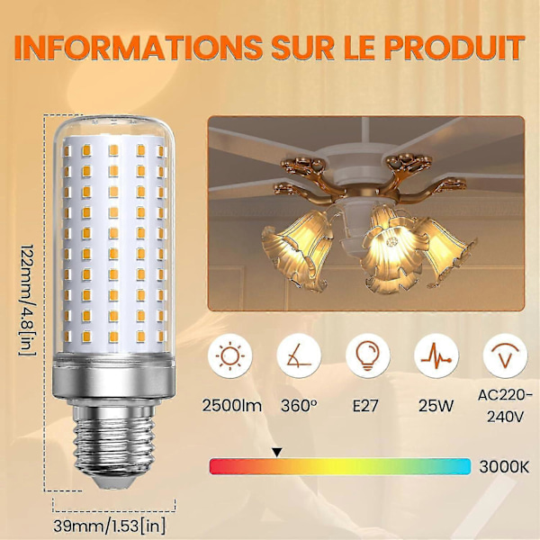 E27 LED Pære Varmt Hvidt Lys 3000K, 1800LM, Svarer til 200W Halogenpære, Majspære E27 Led Stue (Ikke-Dæmpbar, 3 Pak)