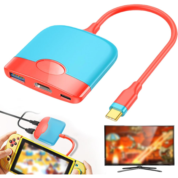 (Blå + Rød) Dokk for Nintendo Switch OLED, USB Type C til HDMI Adapter