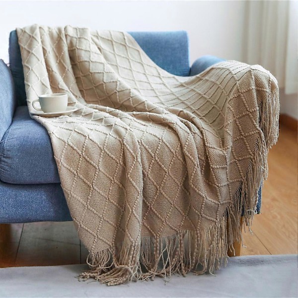 Strikket pledd med frynser, sengetepper, ensfargede ruter, nordisk varmt pledd, moteriktig mykt pledd, sofapledd, dekorativt sengeteppe 127x172cm